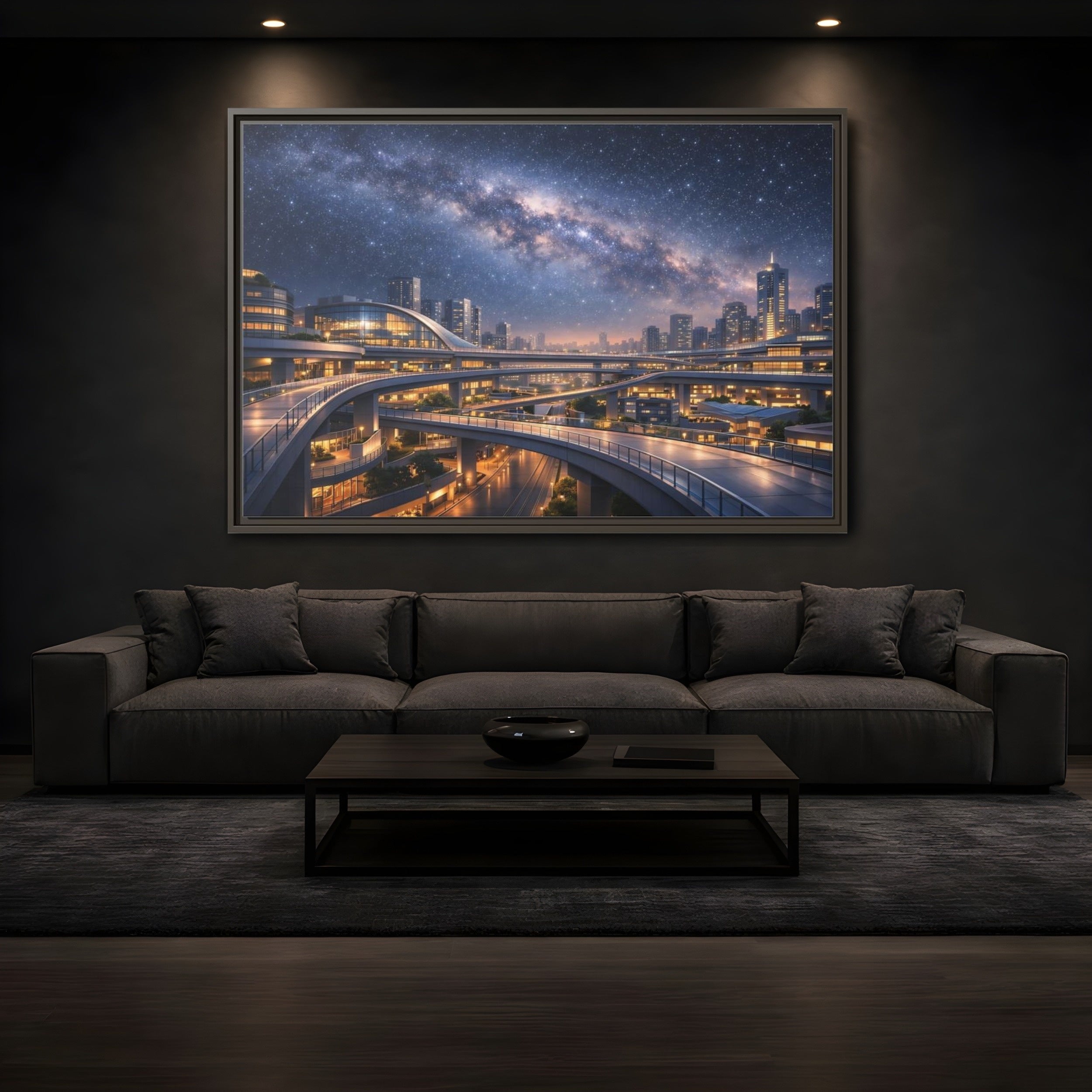 Mockup 3. Science Fiction Cityscape Night Cityscape shown as stretched canvas wall art