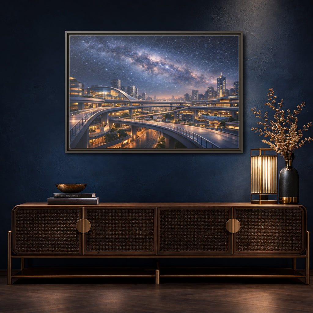 Mockup 4. Science Fiction Cityscape Night Cityscape shown as stretched canvas wall art