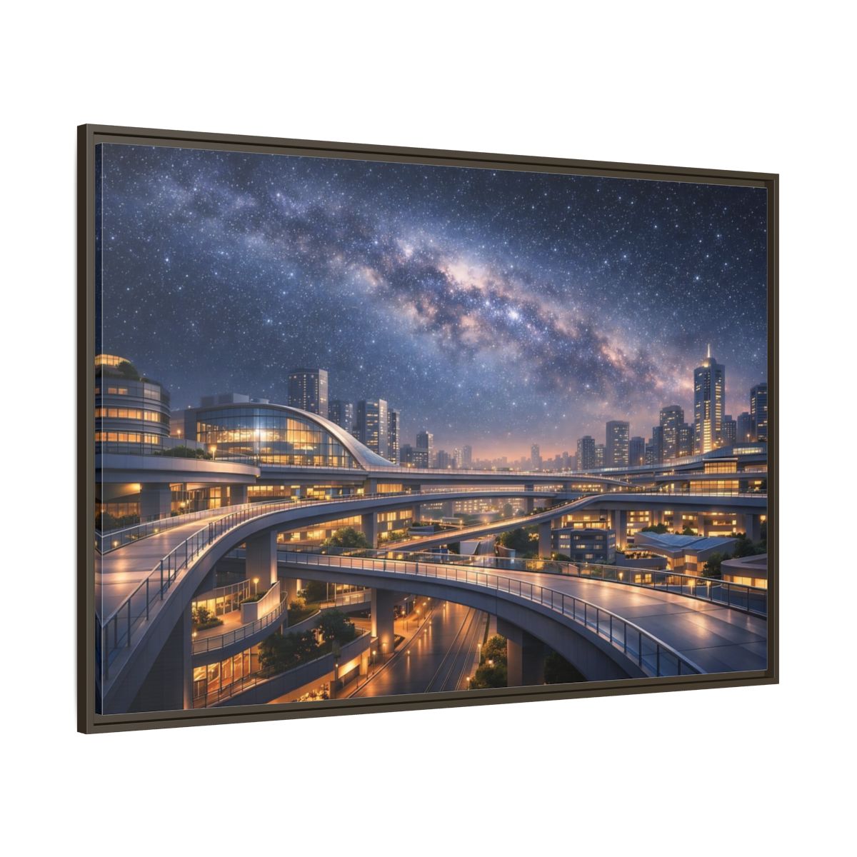Side Mockup 8. Science Fiction Cityscape Night Cityscape shown as stretched canvas wall art