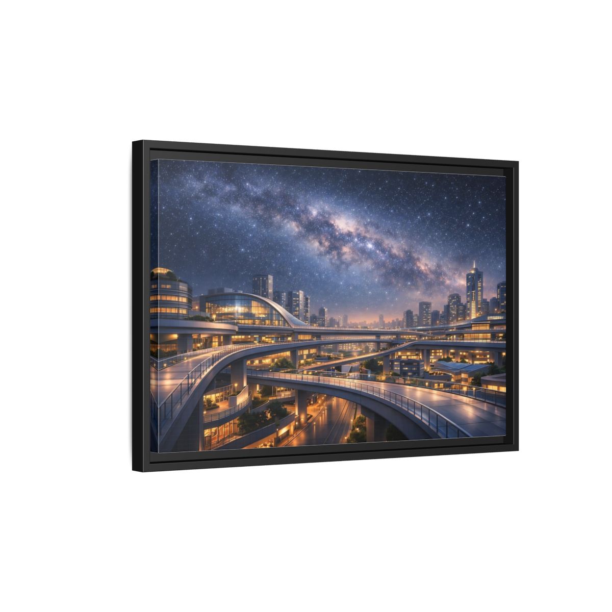 Side Mockup 3. Science Fiction Cityscape Night Cityscape shown as stretched canvas wall art