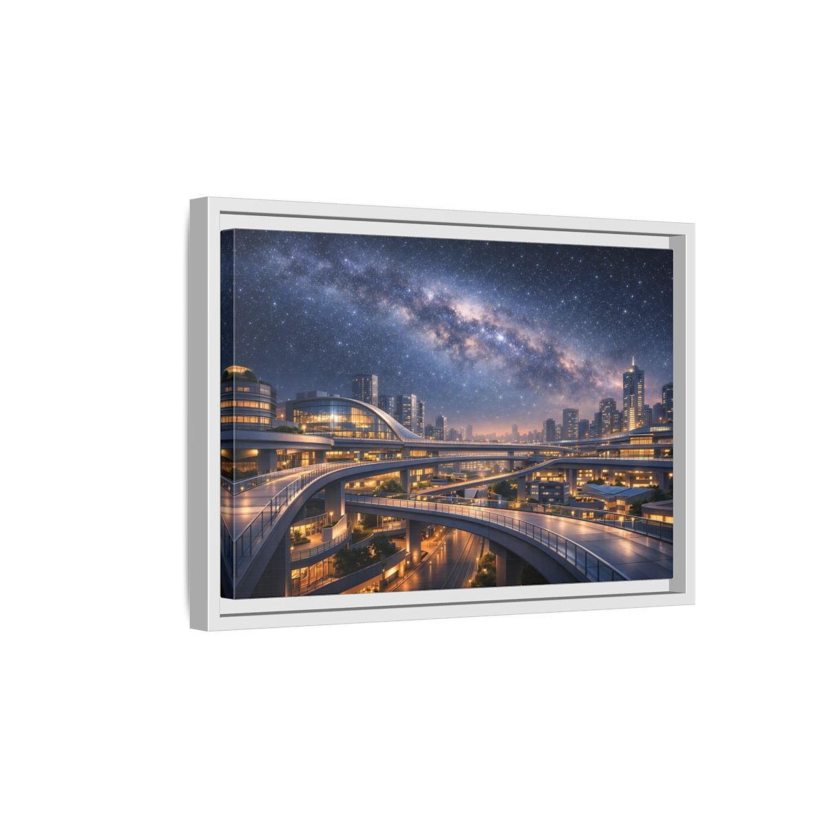 Side Mockup 4. Science Fiction Cityscape Night Cityscape shown as stretched canvas wall art