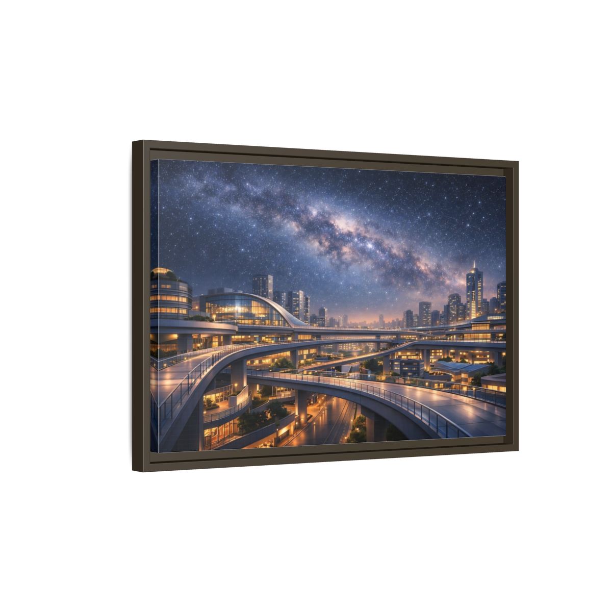 Side Mockup 2. Science Fiction Cityscape Night Cityscape shown as stretched canvas wall art