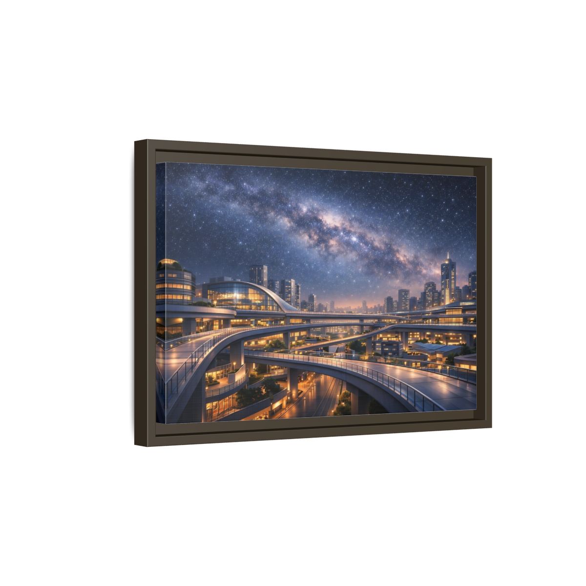Side Mockup 5. Science Fiction Cityscape Night Cityscape shown as stretched canvas wall art