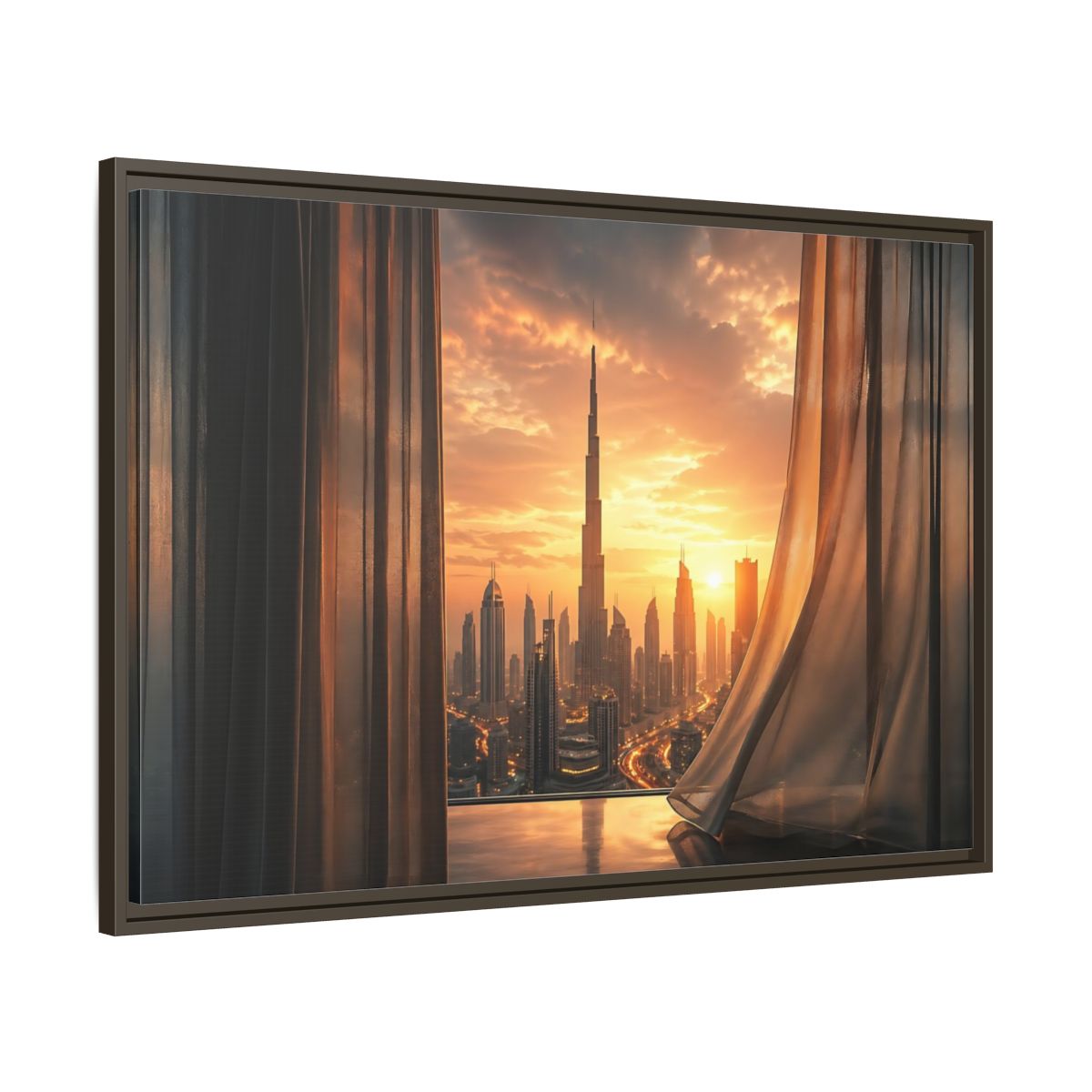 Main Mockup. Science Fiction Cityscape Orange Cityscape shown as stretched canvas wall art