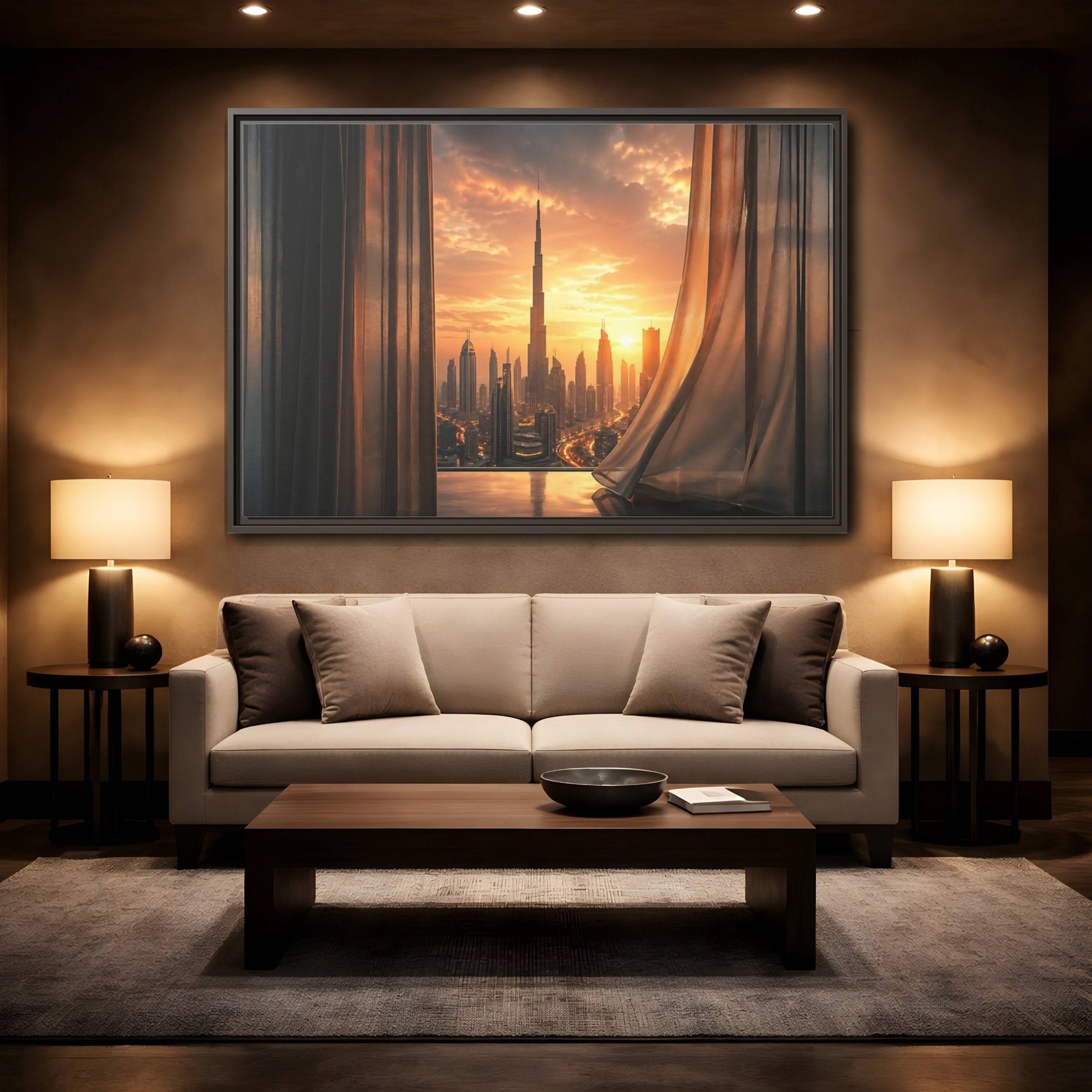 Mockup 2. Science Fiction Cityscape Orange Cityscape shown as stretched canvas wall art