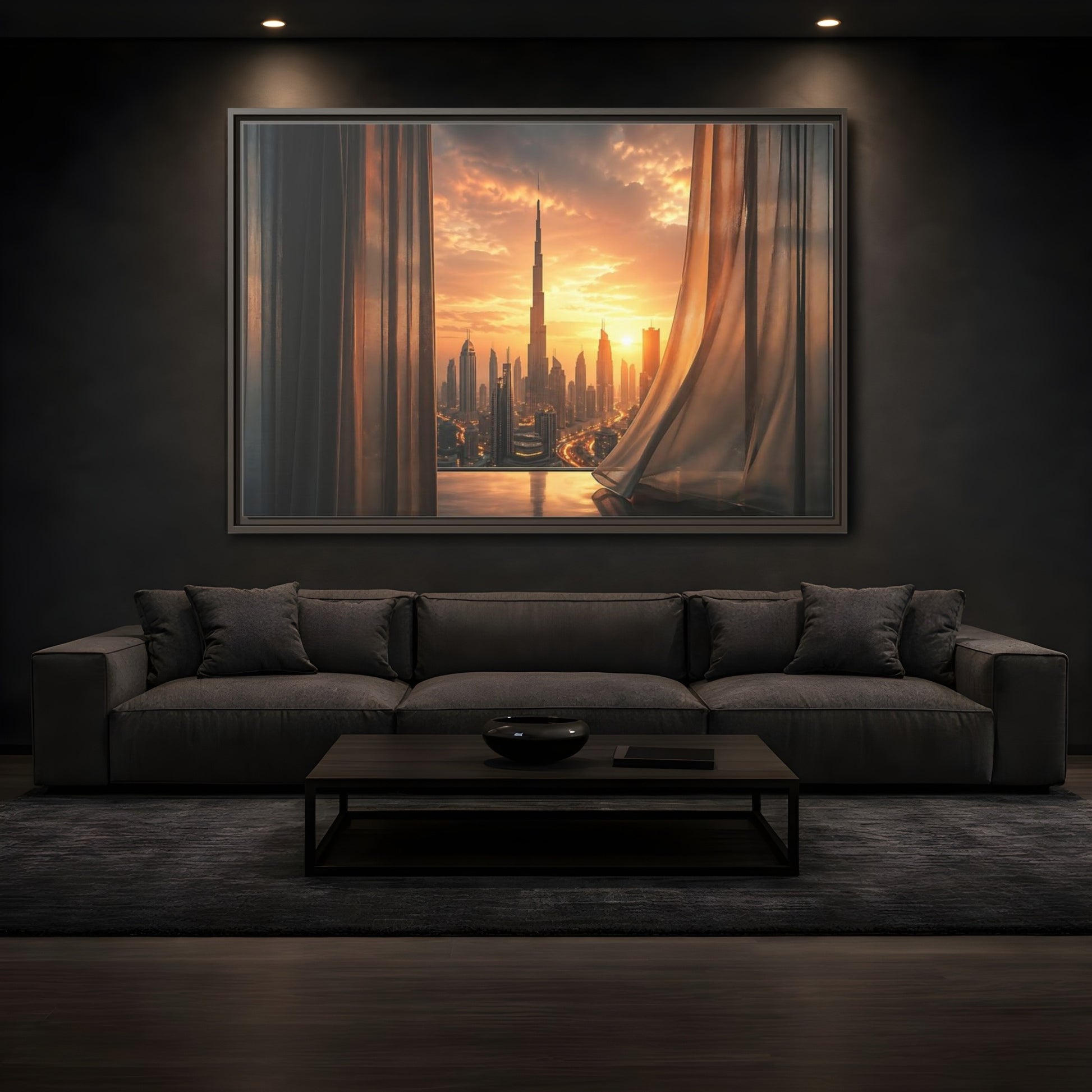 Mockup 3. Science Fiction Cityscape Orange Cityscape shown as stretched canvas wall art