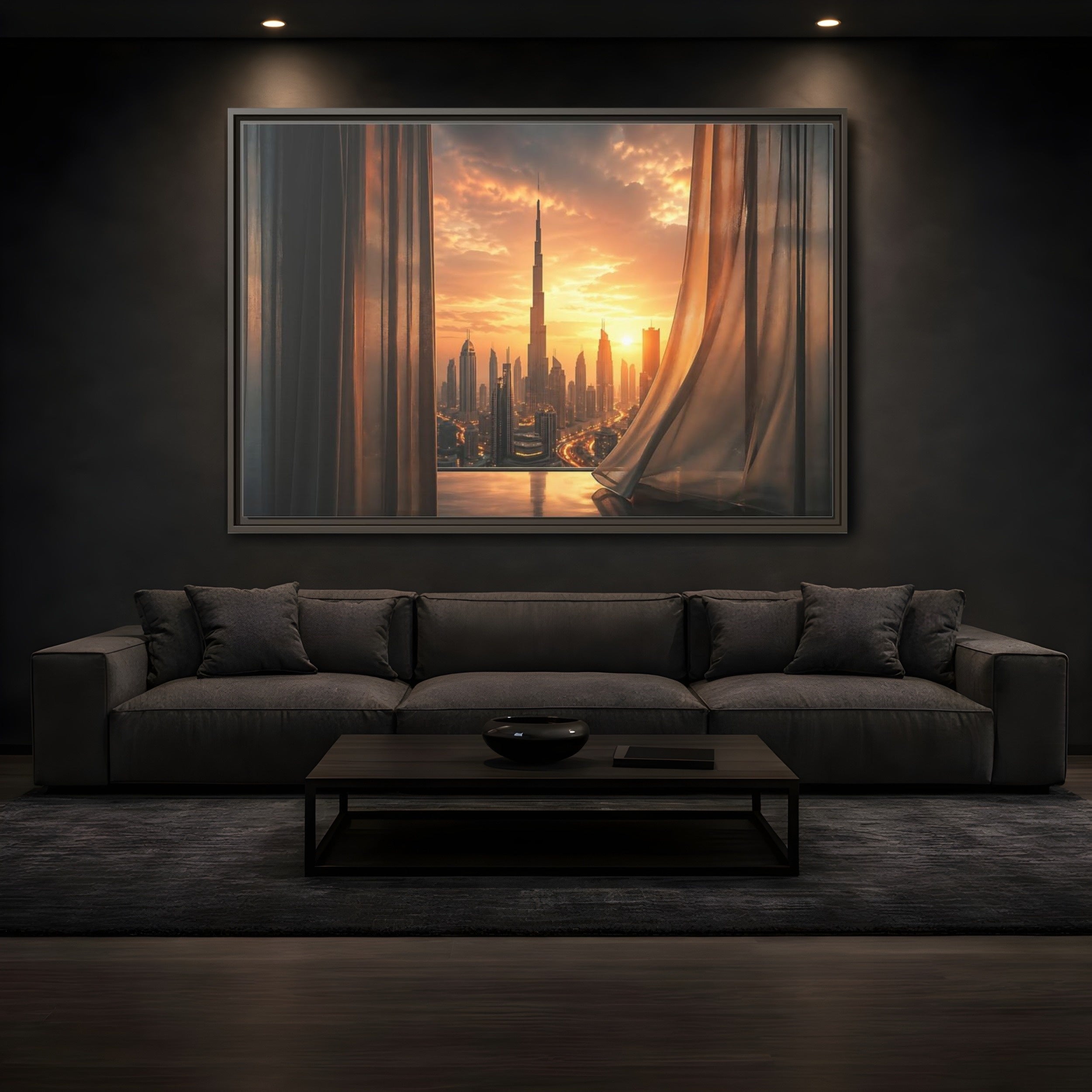 Mockup 3. Science Fiction Cityscape Orange Cityscape shown as stretched canvas wall art