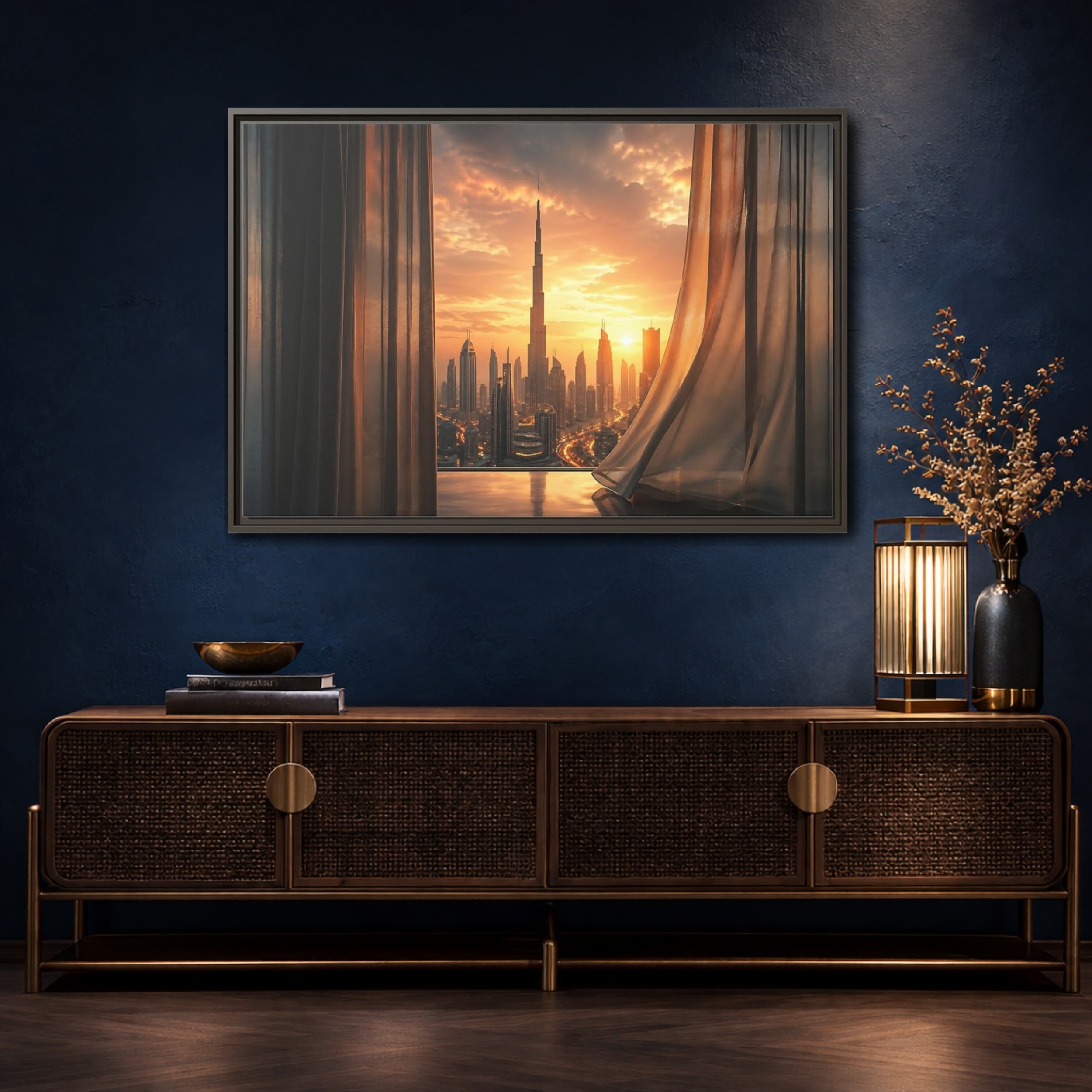 Mockup 4. Science Fiction Cityscape Orange Cityscape shown as stretched canvas wall art