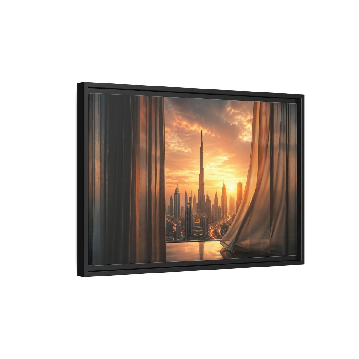 Side Mockup 3. Science Fiction Cityscape Orange Cityscape shown as stretched canvas wall art