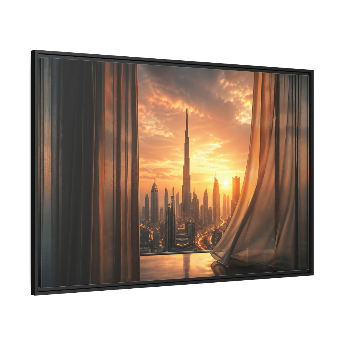 Side Mockup 12. Science Fiction Cityscape Orange Cityscape shown as stretched canvas wall art