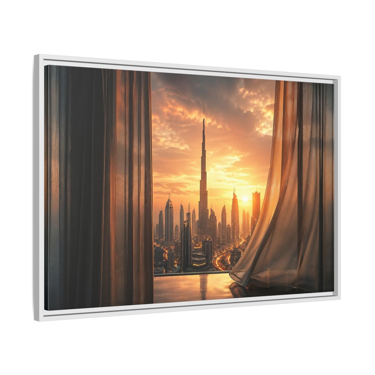 Side Mockup 9. Science Fiction Cityscape Orange Cityscape shown as stretched canvas wall art
