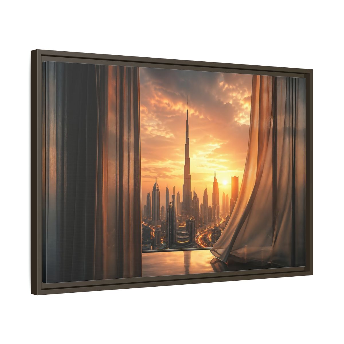 Side Mockup 11. Science Fiction Cityscape Orange Cityscape shown as stretched canvas wall art