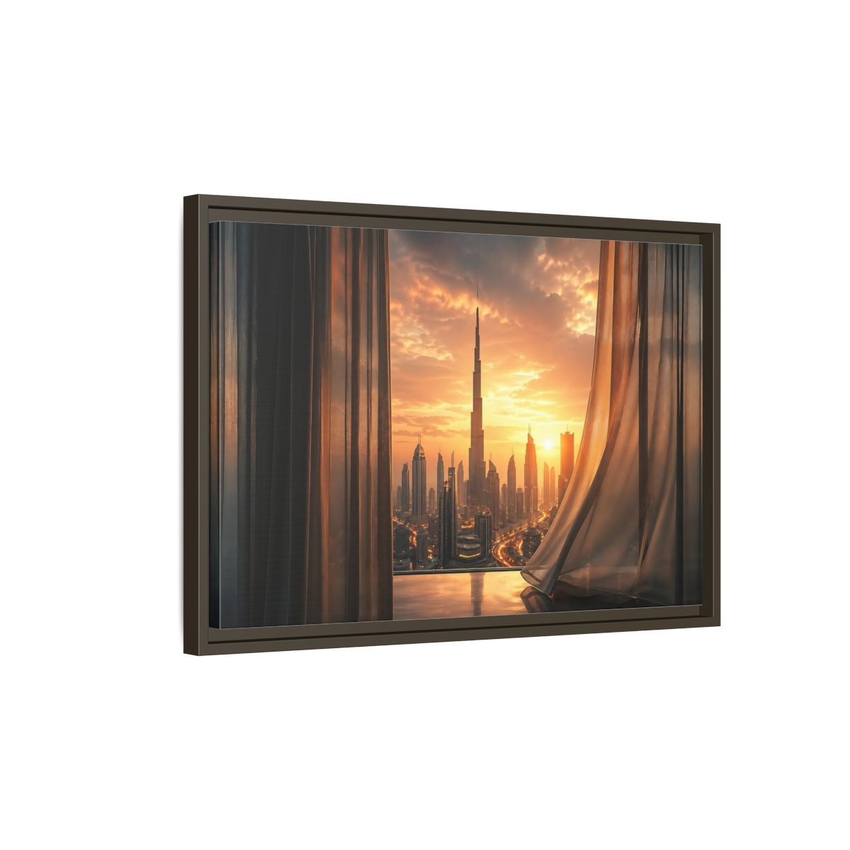 Side Mockup 2. Science Fiction Cityscape Orange Cityscape shown as stretched canvas wall art