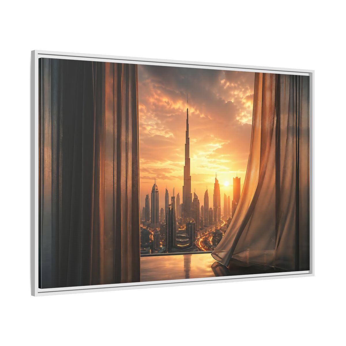 Side Mockup 7. Science Fiction Cityscape Orange Cityscape shown as stretched canvas wall art