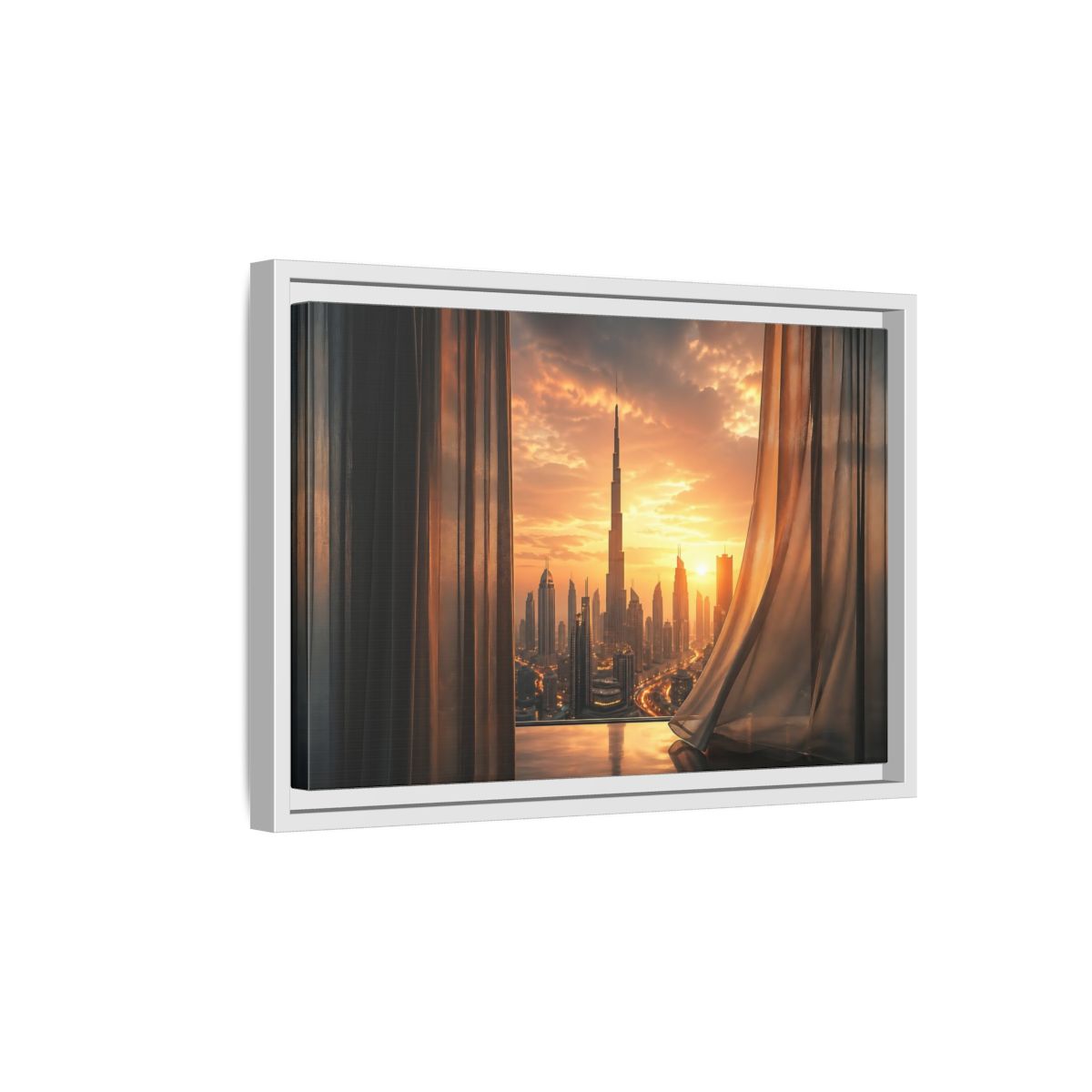 Side Mockup 4. Science Fiction Cityscape Orange Cityscape shown as stretched canvas wall art