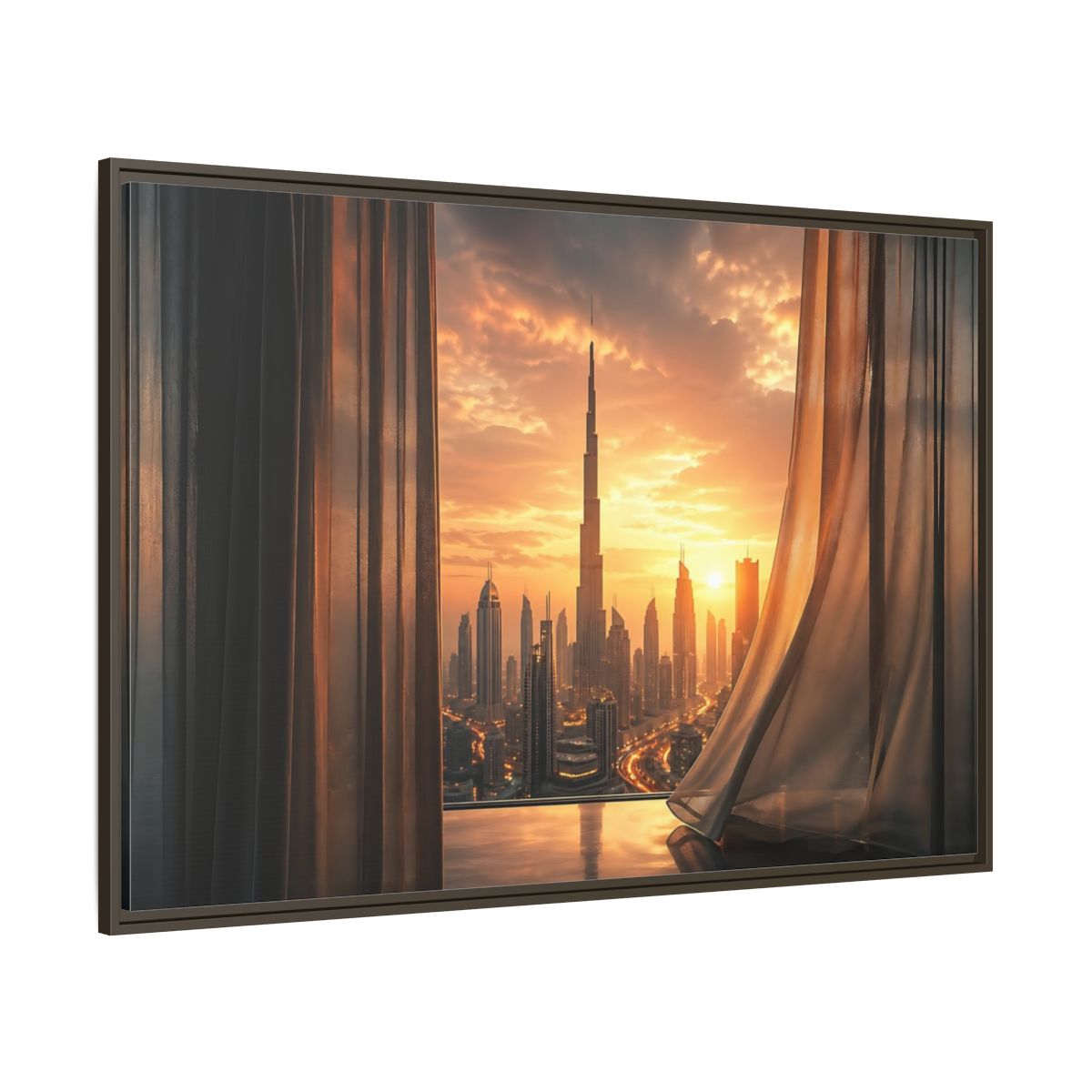 Side Mockup 8. Science Fiction Cityscape Orange Cityscape shown as stretched canvas wall art