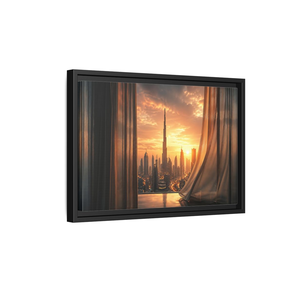 Side Mockup 6. Science Fiction Cityscape Orange Cityscape shown as stretched canvas wall art