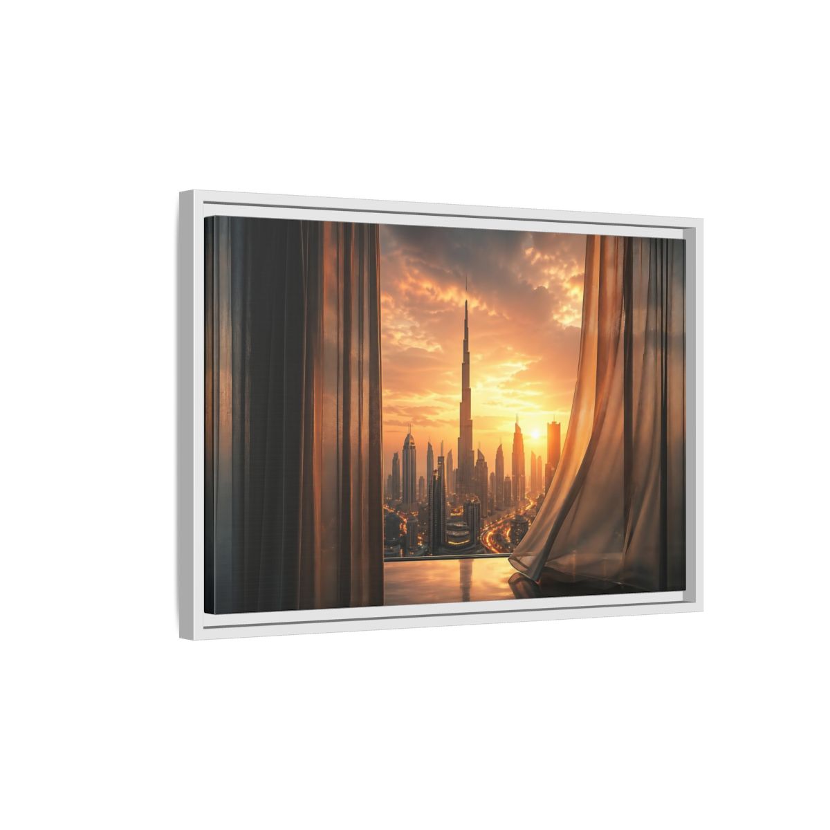 Side Mockup 1. Science Fiction Cityscape Orange Cityscape shown as stretched canvas wall art