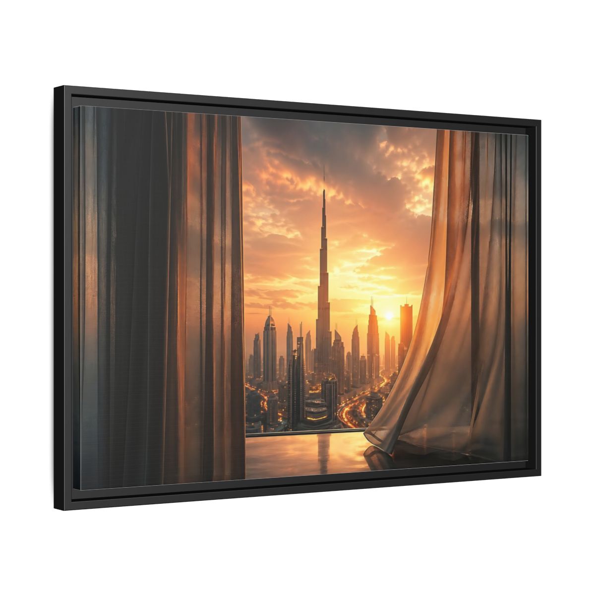 Side Mockup 14. Science Fiction Cityscape Orange Cityscape shown as stretched canvas wall art