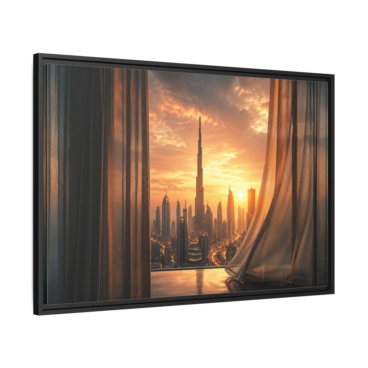 Side Mockup 13. Science Fiction Cityscape Orange Cityscape shown as stretched canvas wall art
