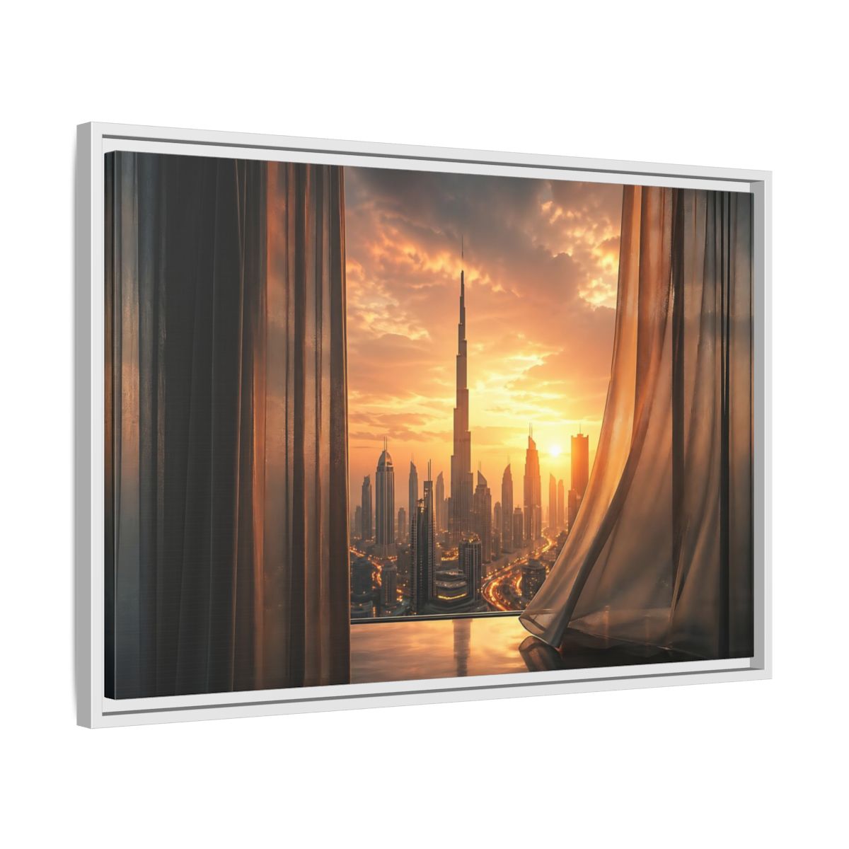 Side Mockup 10. Science Fiction Cityscape Orange Cityscape shown as stretched canvas wall art