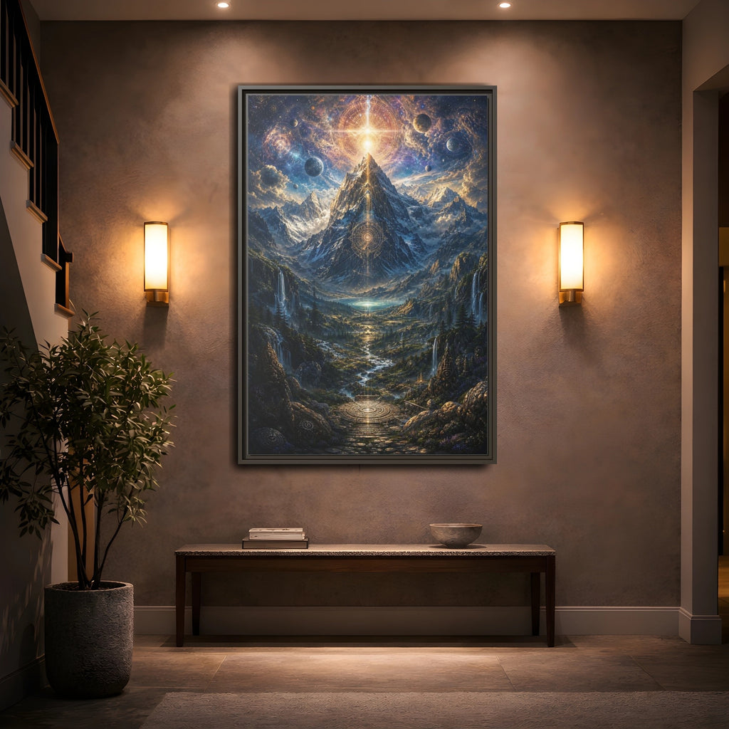 Mockup 2. Science Fiction Cosmic Mountain Cosmic Mountainscape shown as stretched canvas wall art