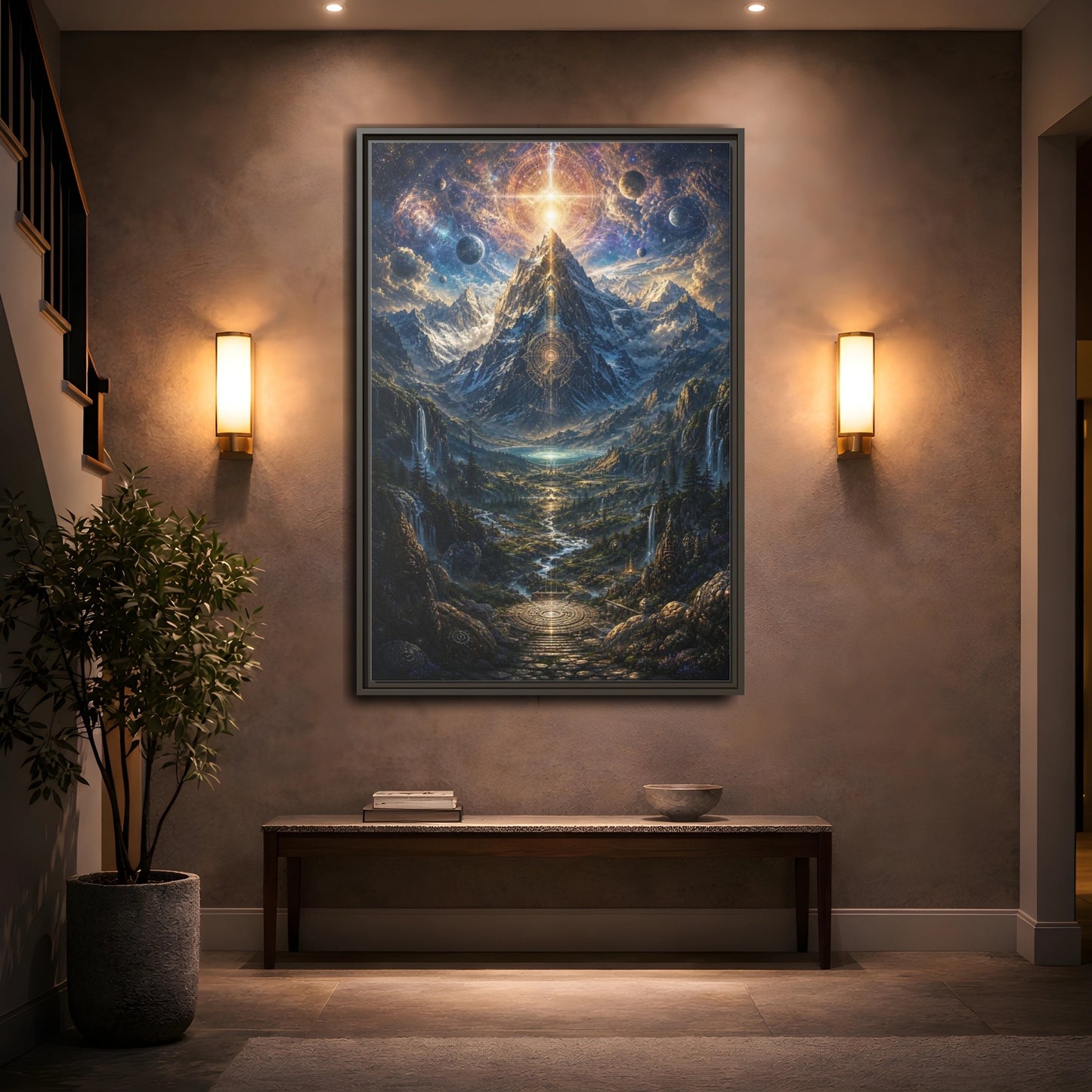 Mockup 2. Science Fiction Cosmic Mountain Cosmic Mountainscape shown as stretched canvas wall art