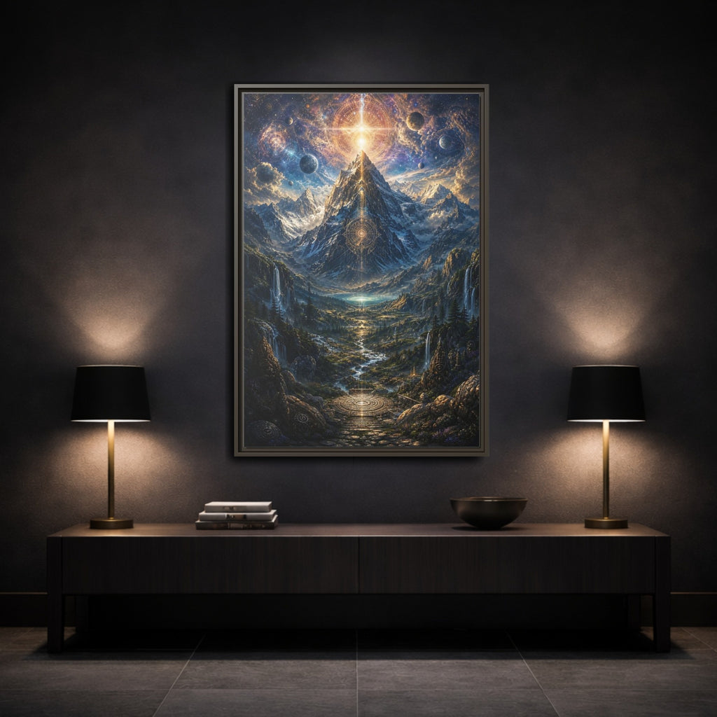 Mockup 3. Science Fiction Cosmic Mountain Cosmic Mountainscape shown as stretched canvas wall art