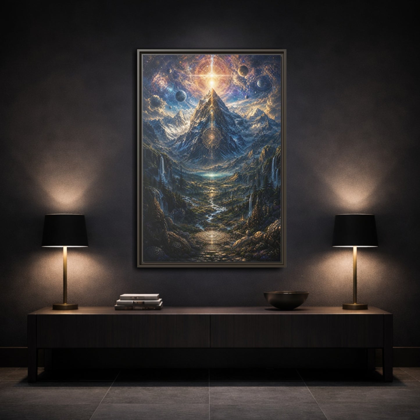 Mockup 3. Science Fiction Cosmic Mountain Cosmic Mountainscape shown as stretched canvas wall art
