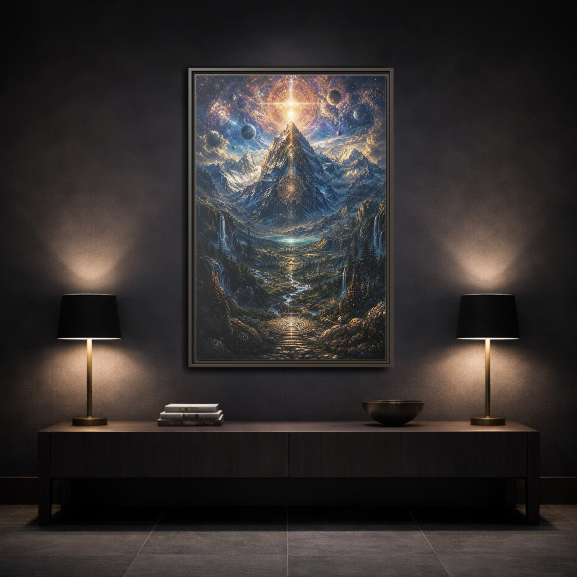 Mockup 3. Science Fiction Cosmic Mountain Cosmic Mountainscape shown as stretched canvas wall art