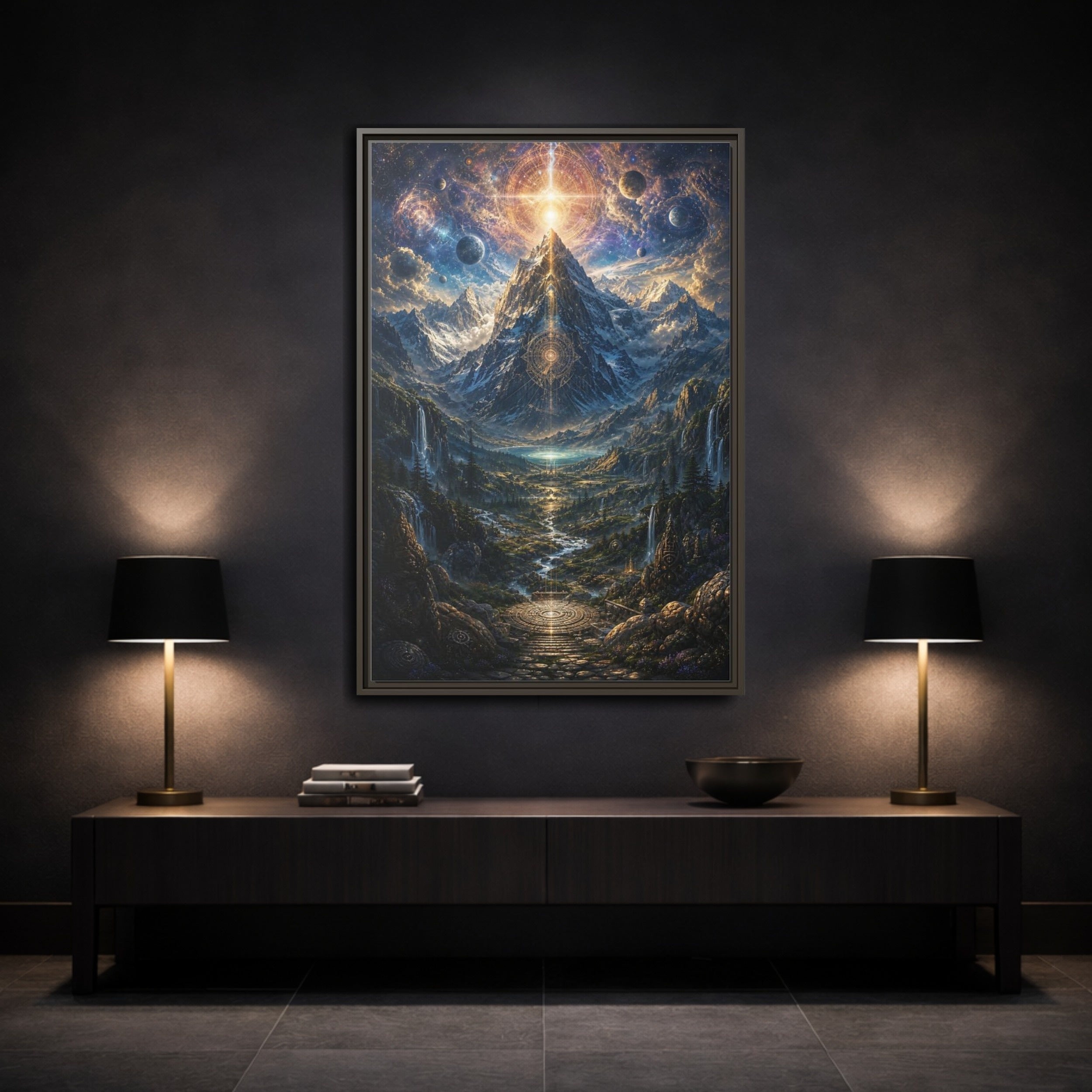 Mockup 3. Science Fiction Cosmic Mountain Cosmic Mountainscape shown as stretched canvas wall art