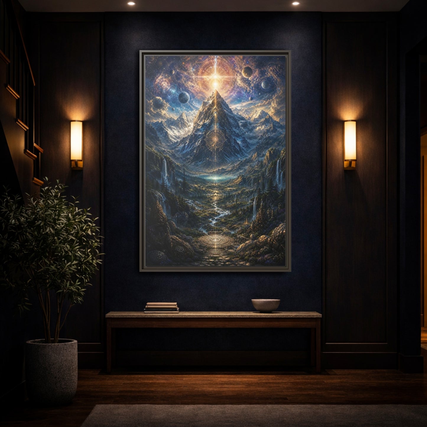 Mockup 4. Science Fiction Cosmic Mountain Cosmic Mountainscape shown as stretched canvas wall art