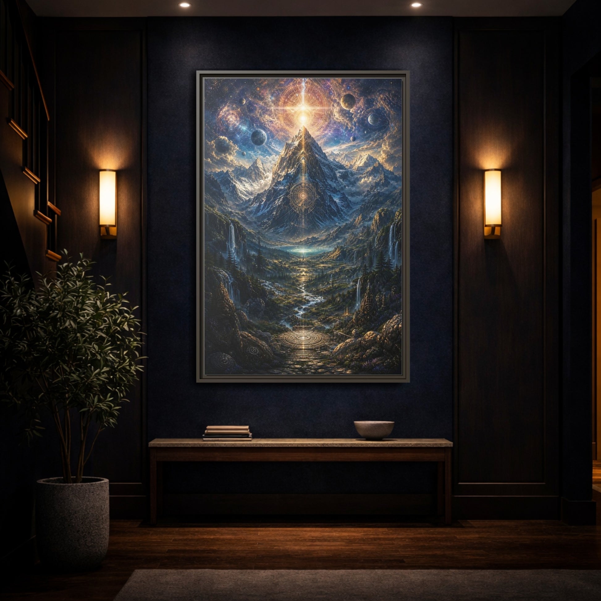 Mockup 4. Science Fiction Cosmic Mountain Cosmic Mountainscape shown as stretched canvas wall art