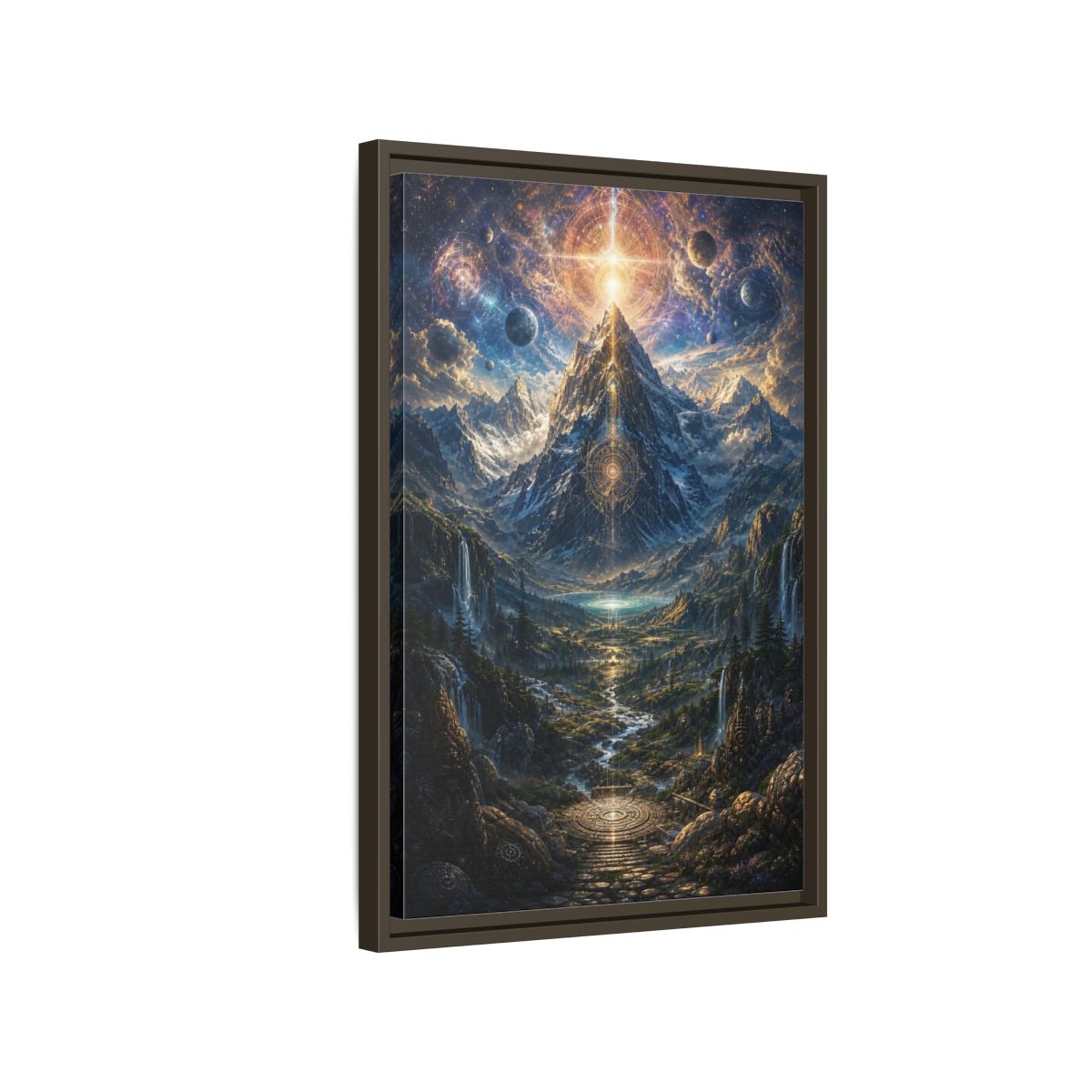 Side Mockup 2. Science Fiction Cosmic Mountain Cosmic Mountainscape shown as stretched canvas wall art