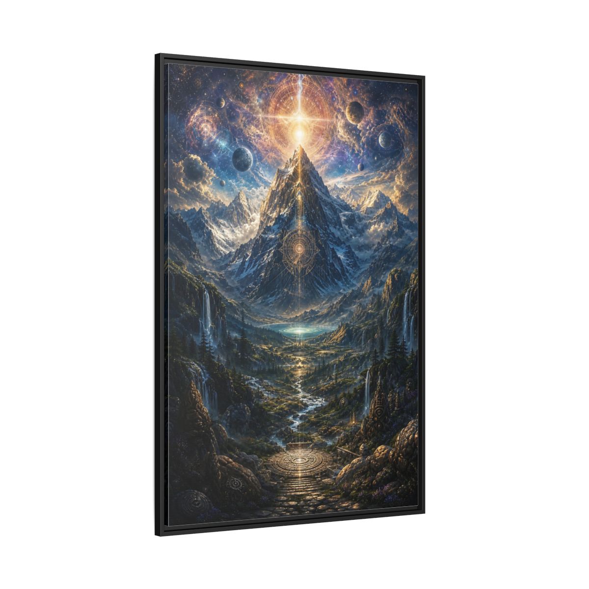 Side Mockup 12. Science Fiction Cosmic Mountain Cosmic Mountainscape shown as stretched canvas wall art