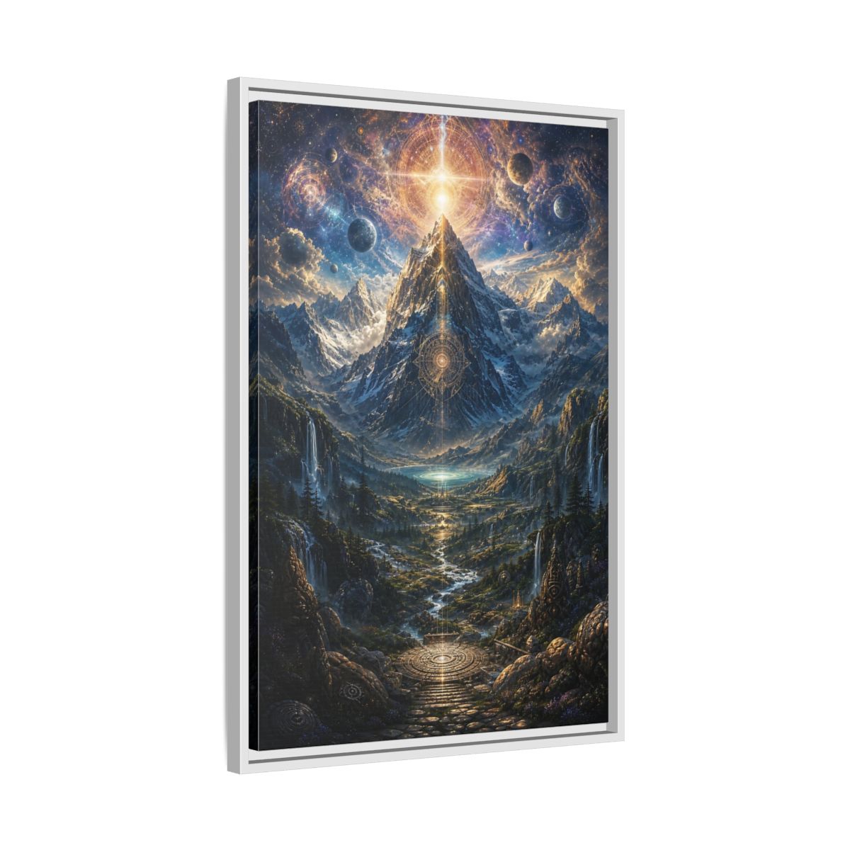 Side Mockup 10. Science Fiction Cosmic Mountain Cosmic Mountainscape shown as stretched canvas wall art