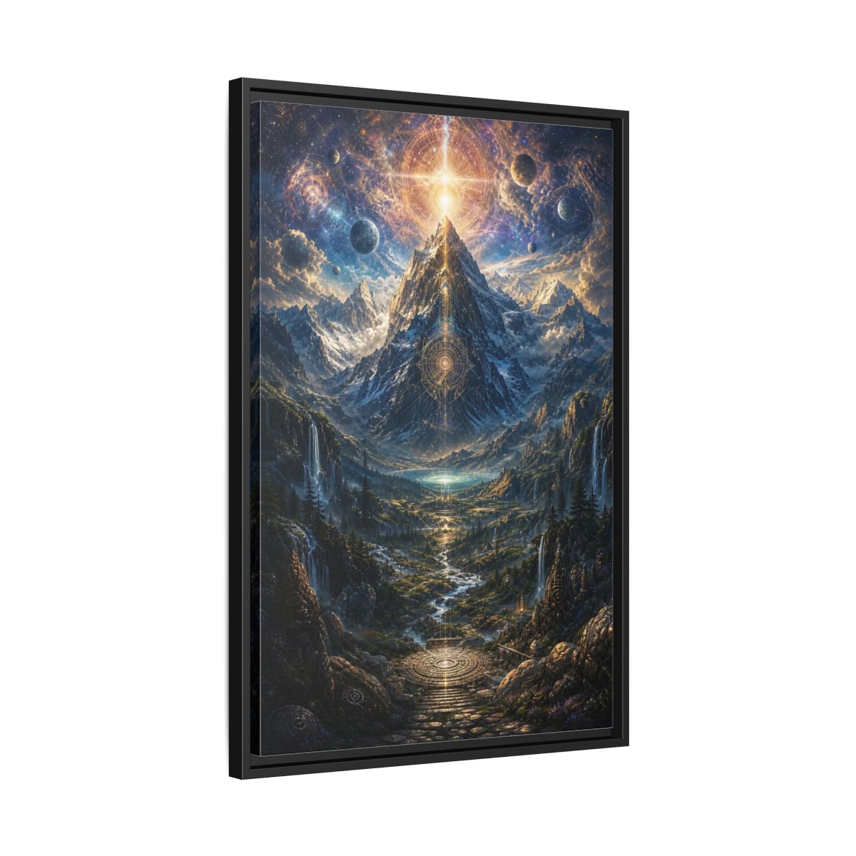 Side Mockup 14. Science Fiction Cosmic Mountain Cosmic Mountainscape shown as stretched canvas wall art