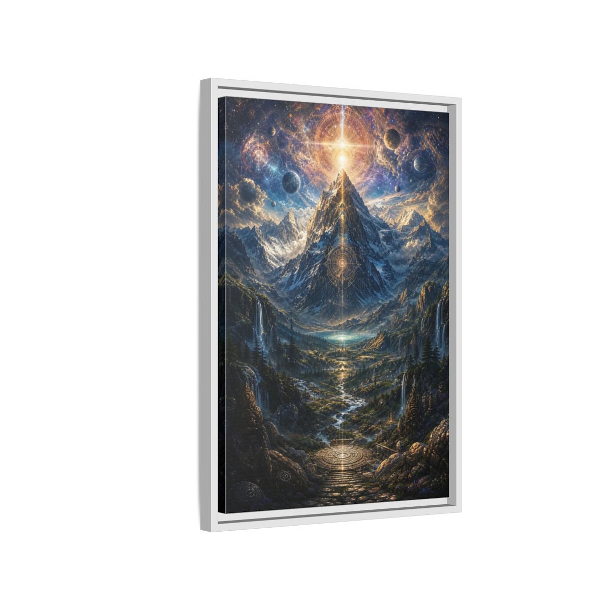 Side Mockup 1. Science Fiction Cosmic Mountain Cosmic Mountainscape shown as stretched canvas wall art