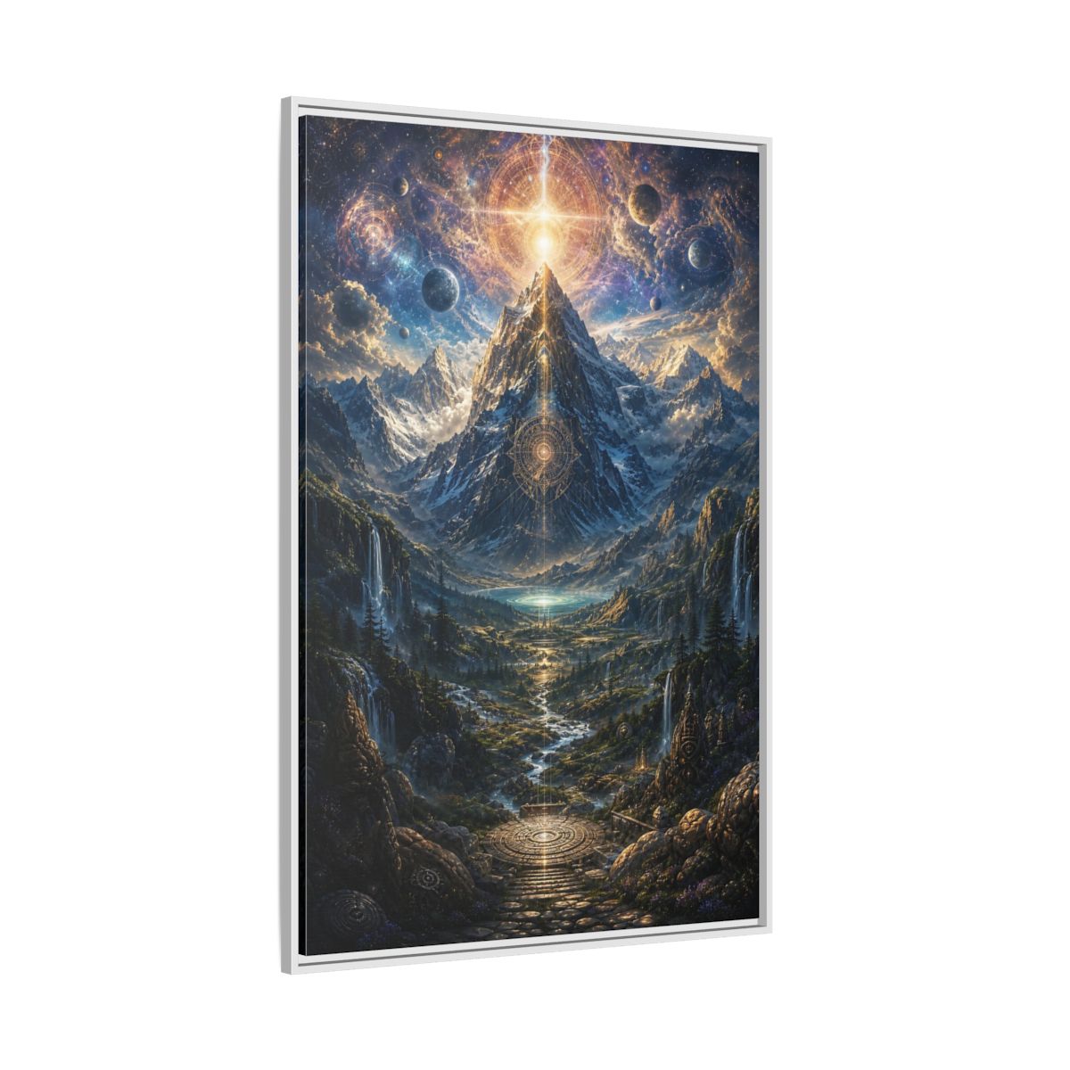 Side Mockup 7. Science Fiction Cosmic Mountain Cosmic Mountainscape shown as stretched canvas wall art