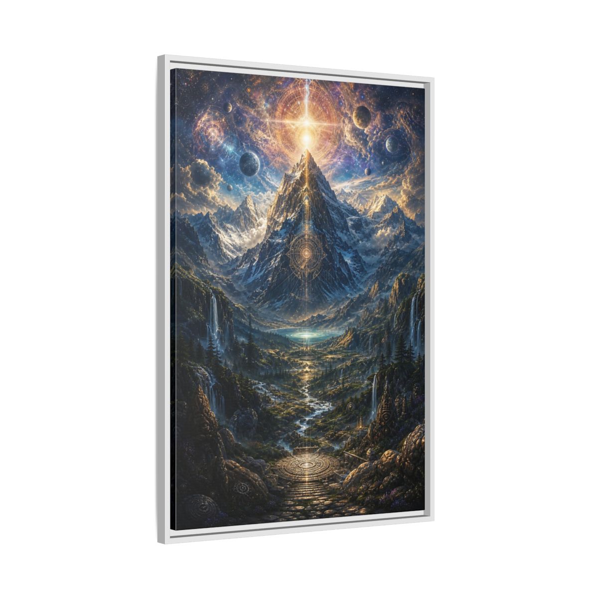 Side Mockup 9. Science Fiction Cosmic Mountain Cosmic Mountainscape shown as stretched canvas wall art
