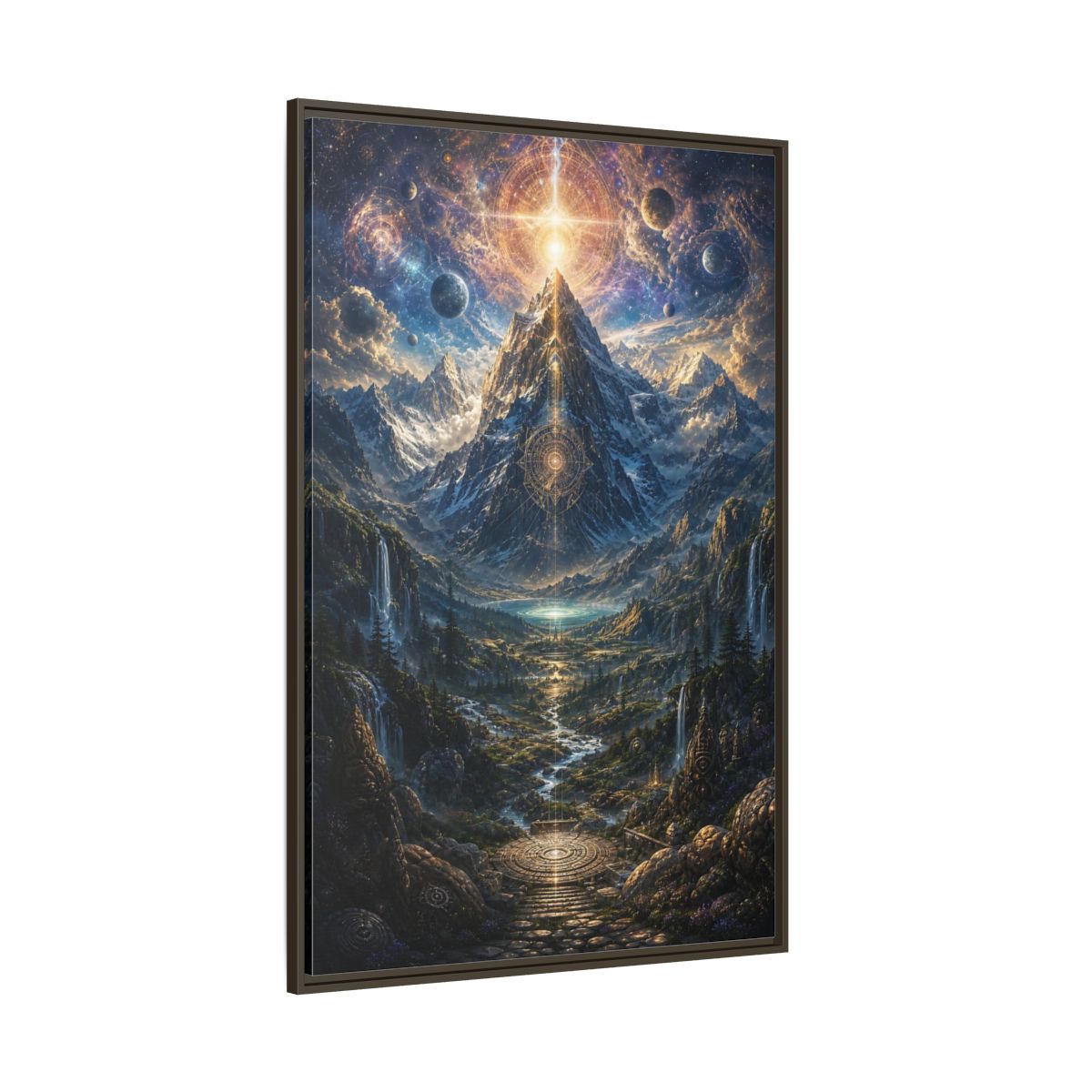 Side Mockup 8. Science Fiction Cosmic Mountain Cosmic Mountainscape shown as stretched canvas wall art