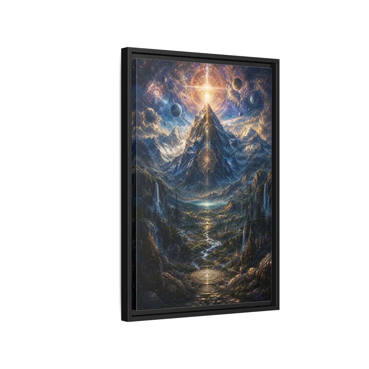 Side Mockup 3. Science Fiction Cosmic Mountain Cosmic Mountainscape shown as stretched canvas wall art