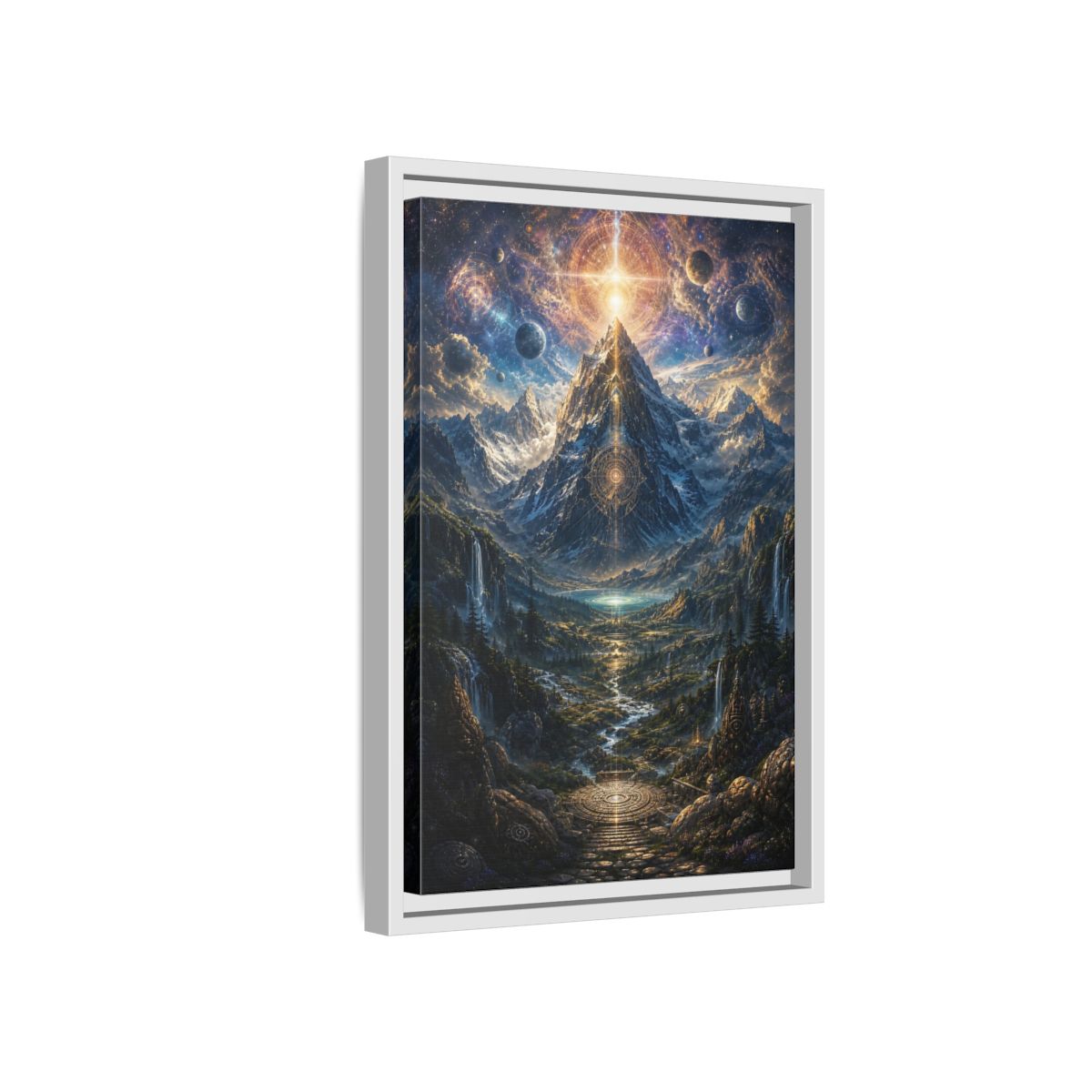 Side Mockup 4. Science Fiction Cosmic Mountain Cosmic Mountainscape shown as stretched canvas wall art