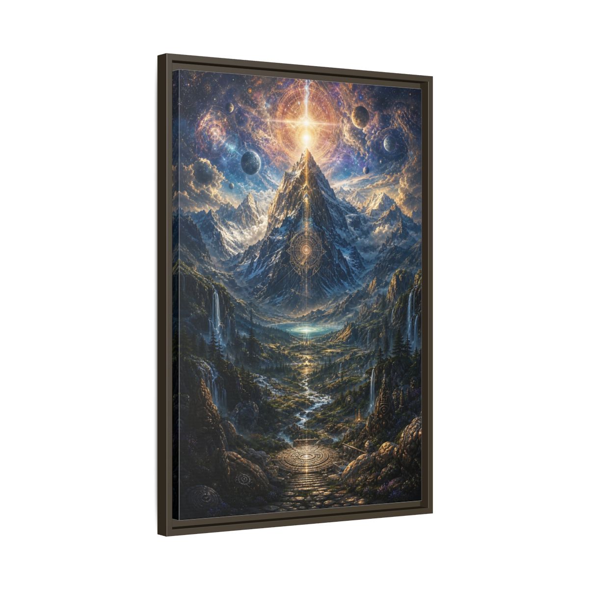 Side Mockup 11. Science Fiction Cosmic Mountain Cosmic Mountainscape shown as stretched canvas wall art