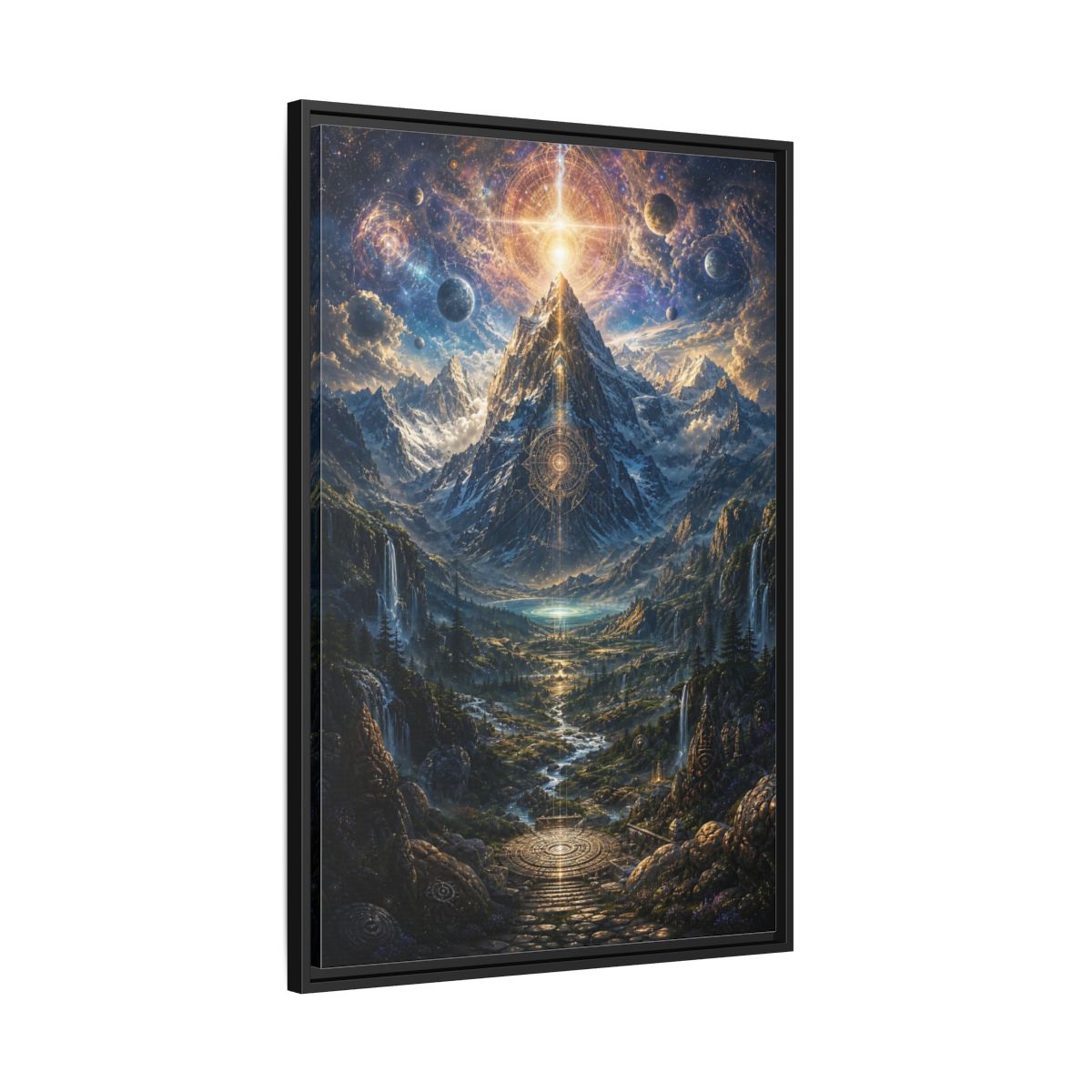 Side Mockup 13. Science Fiction Cosmic Mountain Cosmic Mountainscape shown as stretched canvas wall art