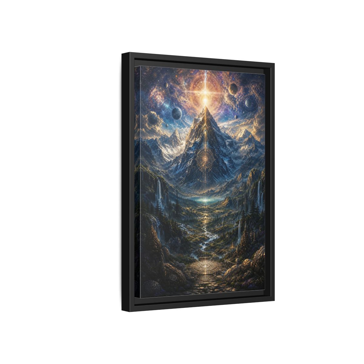 Side Mockup 6. Science Fiction Cosmic Mountain Cosmic Mountainscape shown as stretched canvas wall art
