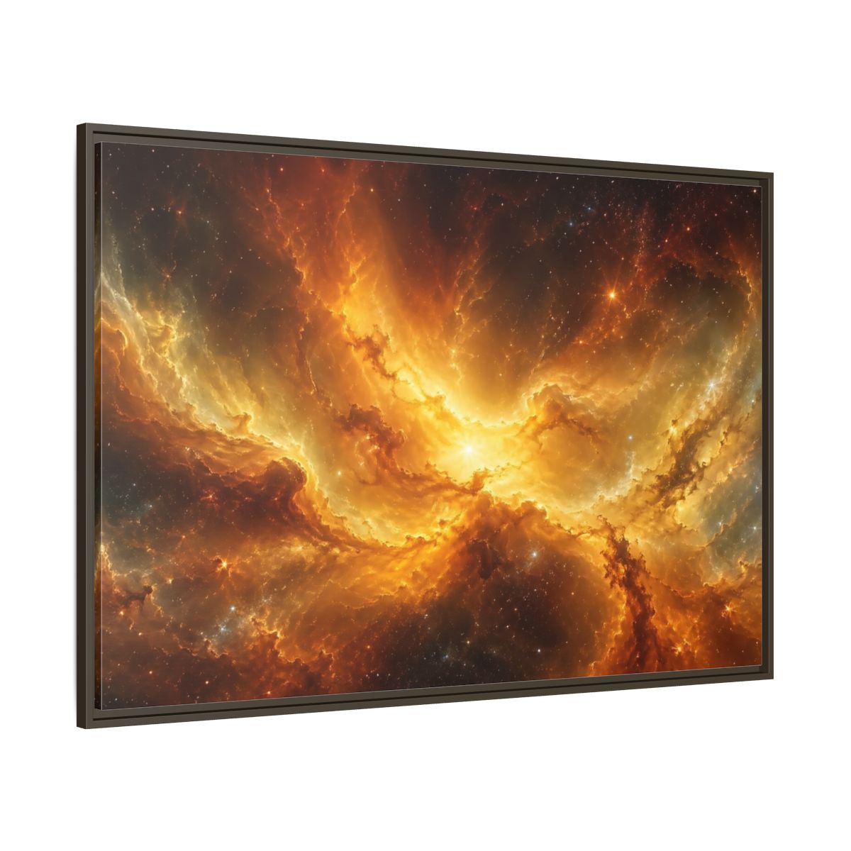 Side Mockup 8. Science Fiction Cosmic Nebula Orange And Gold shown as stretched canvas wall art