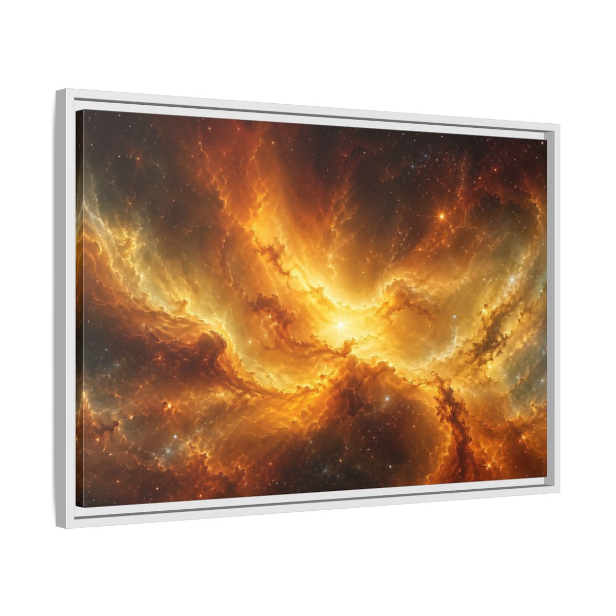 Side Mockup 10. Science Fiction Cosmic Nebula Orange And Gold shown as stretched canvas wall art
