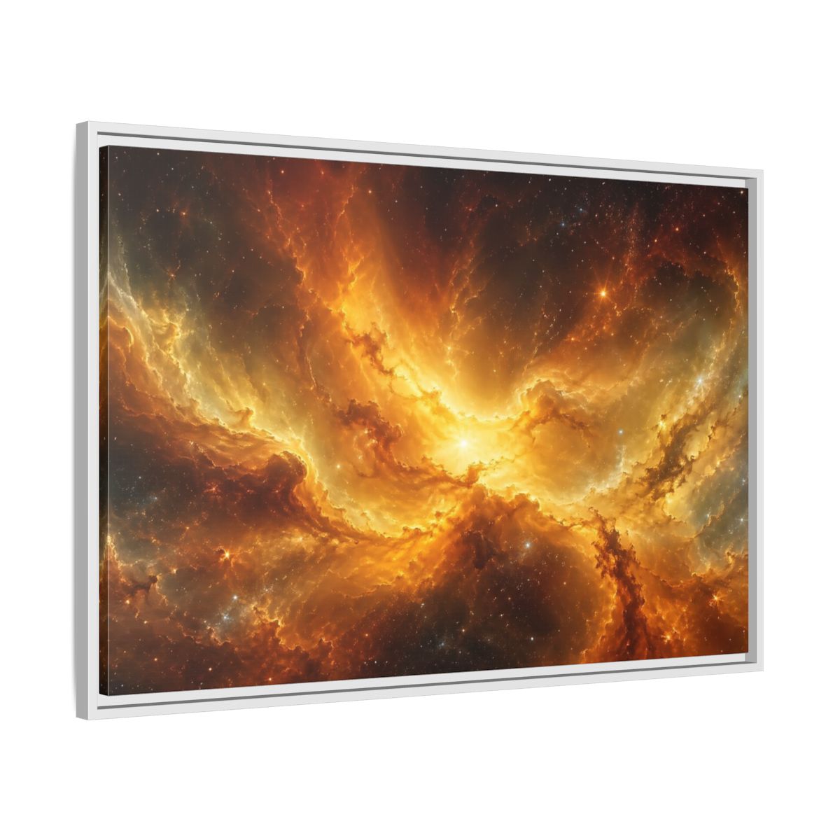 Side Mockup 9. Science Fiction Cosmic Nebula Orange And Gold shown as stretched canvas wall art