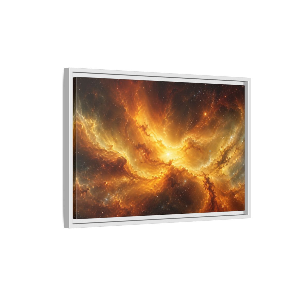 Side Mockup 1. Science Fiction Cosmic Nebula Orange And Gold shown as stretched canvas wall art
